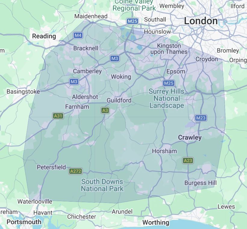Map of the dog spa coverage area: from Bracknell, Hounslow, Kingston and Croydon in the north, down to Petersfield, Waterlooville and Burgess Hill in the south
