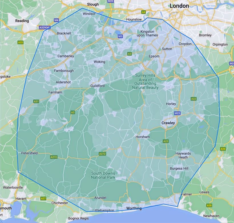 Map of the cat spa coverage area: from Windsor, Bracknell, Hounslow, Kingston and Croydon in the north, down to Petersfield, Chichester, Worthing and the edge of Brighton on the coast